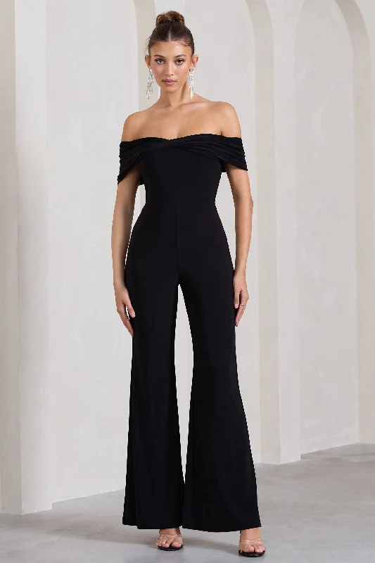 Gemma | Black Bardot Open-Back Flared-Leg Jumpsuit