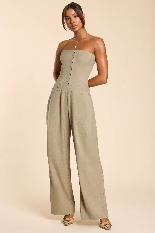 Brushed Twill Bandeau Corset Jumpsuit in Taupe