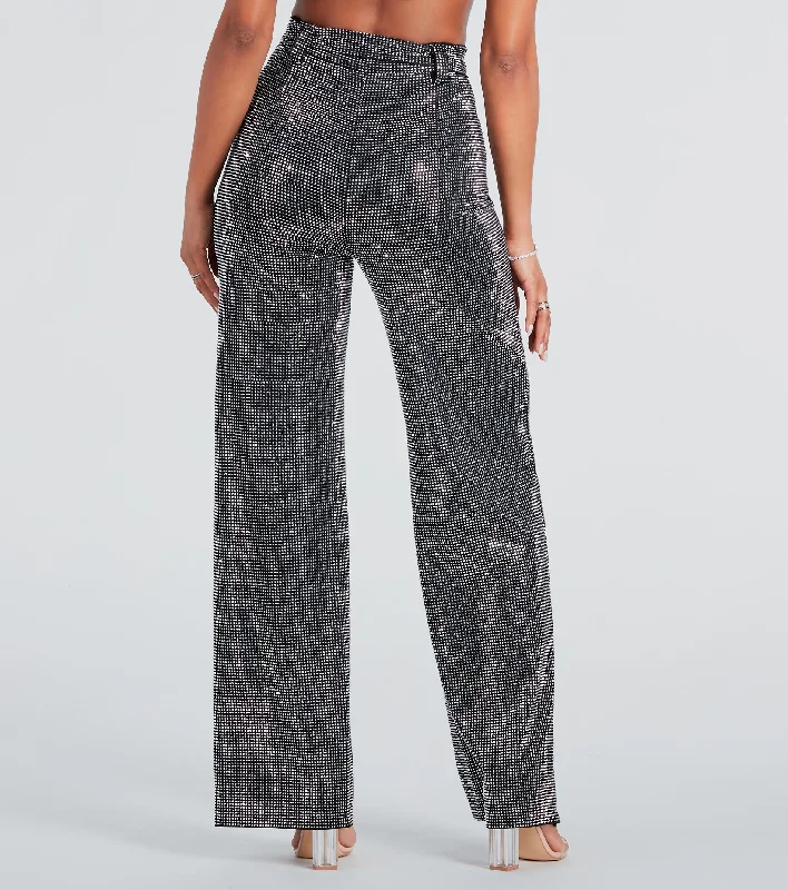 Gorgeous Bling Rhinestone Belted Wide-Leg Pants