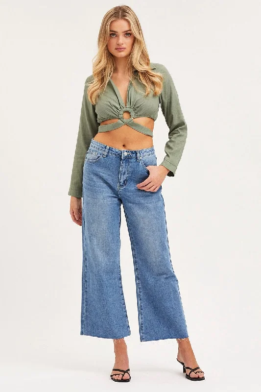 Green Bell Sleeve Top Long Sleeve Crop