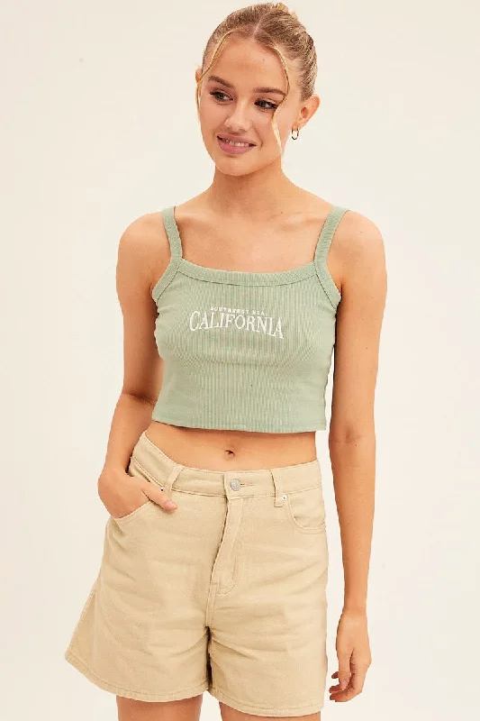 Green Crop Singlet Sleeveless Rib Embroidered