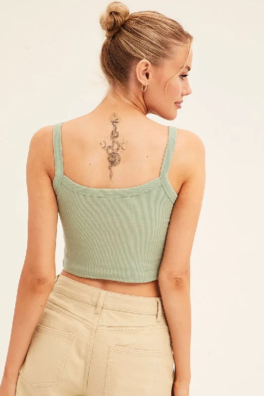 Green Crop Singlet Sleeveless Rib Embroidered