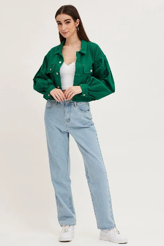 Green Long Sleeve Cropped Denim Jacket