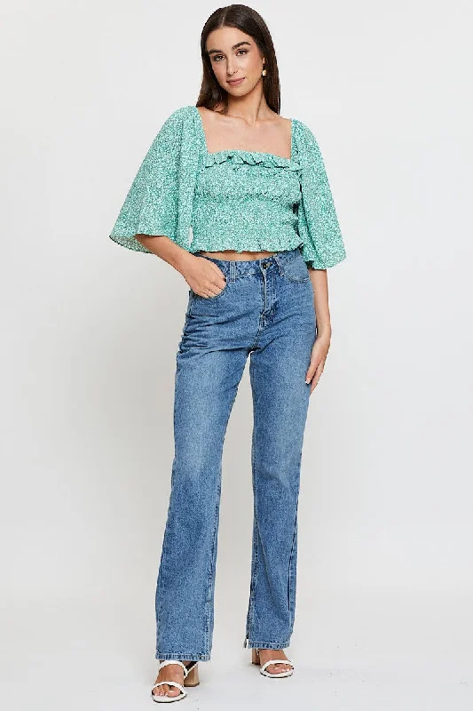 Green Print Crop Top Short Sleeve Crop Square Neck