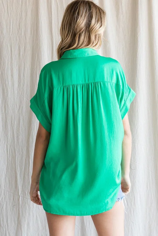 Green Satin Button Front Collared Short Sleeve Top