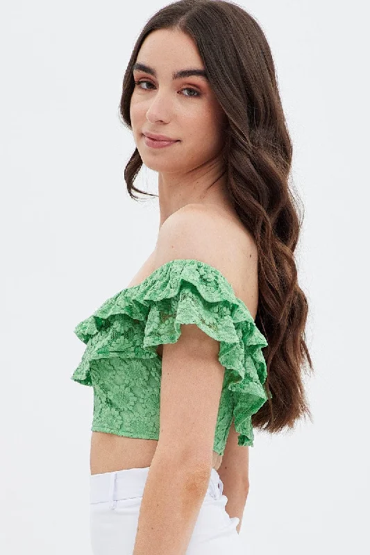 Green Sleeveless Lace Crop Top