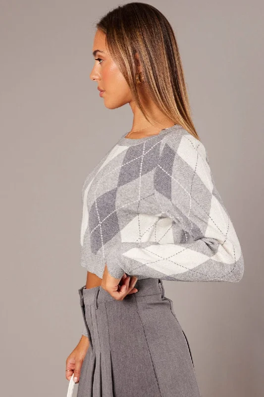 Grey Check Knit Jumper Long Sleeve Argyle