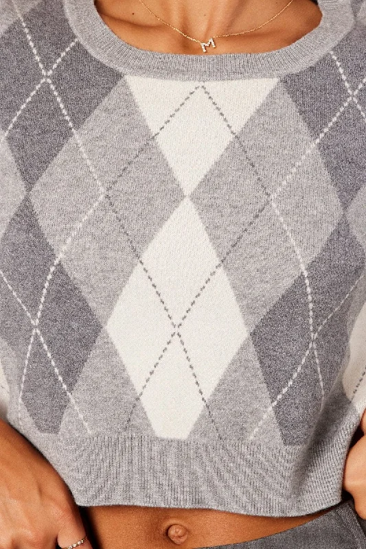 Grey Check Knit Jumper Long Sleeve Argyle