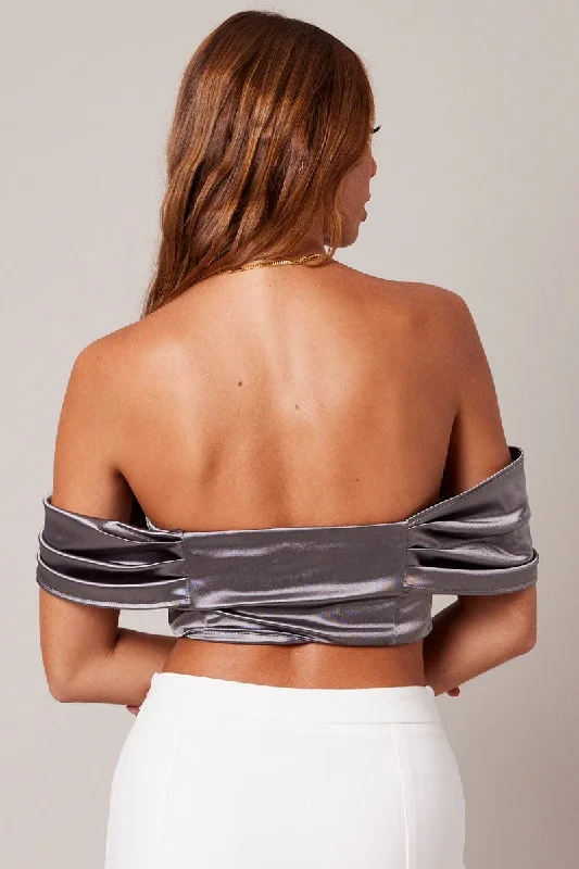 Grey Corset Top Off Shoulder Satin