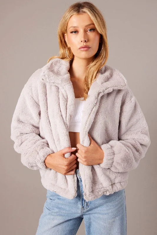 Grey Jacket Long Sleeve Faux Fur