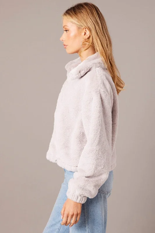 Grey Jacket Long Sleeve Faux Fur