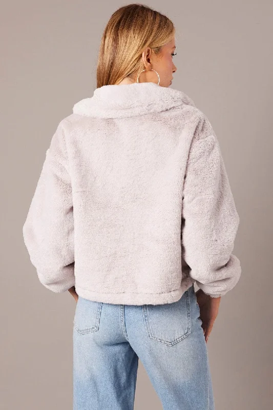 Grey Jacket Long Sleeve Faux Fur