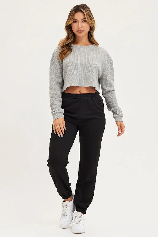 Grey Oversized Top Long Sleeve Crew Neck