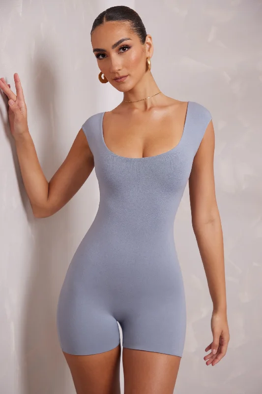 Open Back Scoop Neck Unitard in Blue