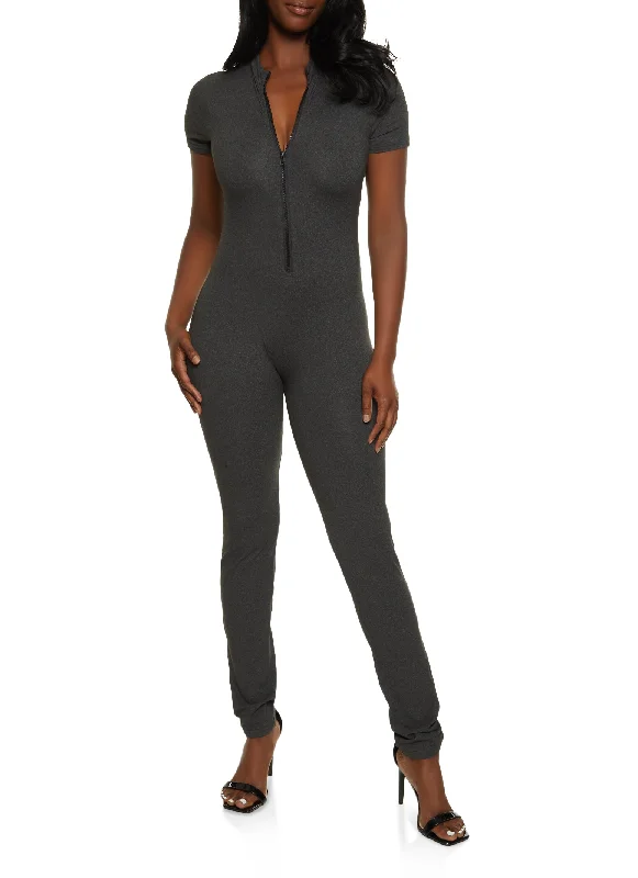 Half Zip Mock Neck Short Sleeve Catsuit