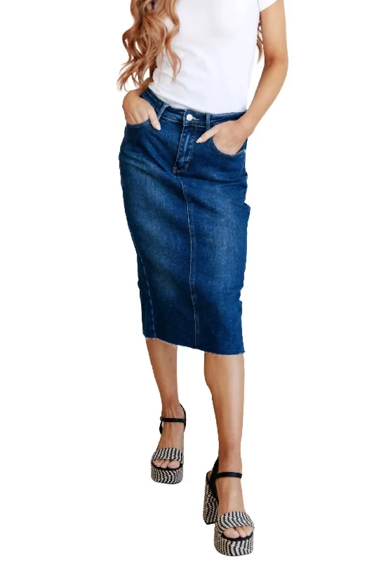 High Rise Denim Midi Skirt In Dark Wash