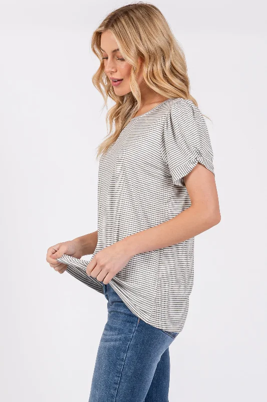 Ivory Striped Short Puff Sleeve Top