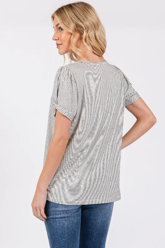 Ivory Striped Short Puff Sleeve Top