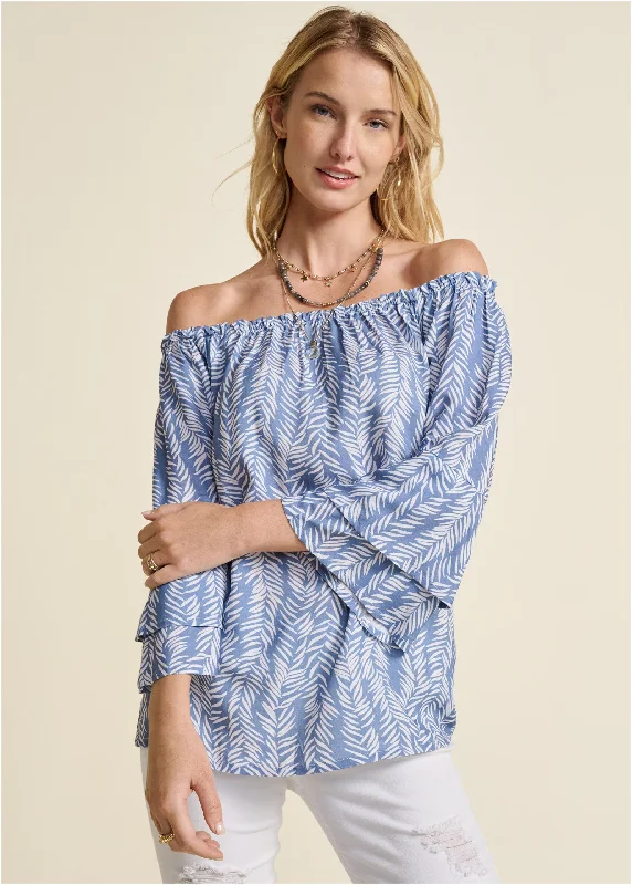 Off-the-shoulder printed top - Blue & White