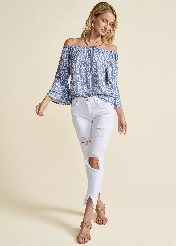 Off-the-shoulder printed top - Blue & White