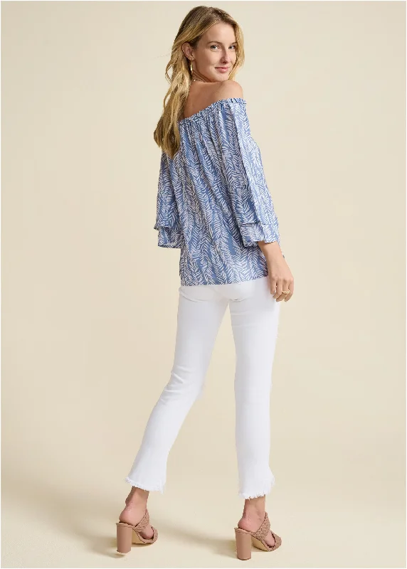 Off-the-shoulder printed top - Blue & White