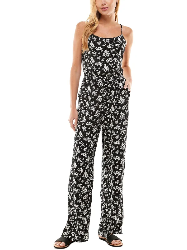 Juniors Womens Floral Print Straight-Leg Jumpsuit