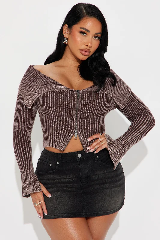 Keep Them Coming Washed Cropped Cardigan - Brown