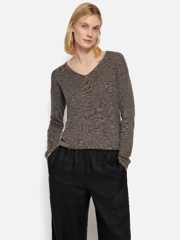 Linen Cotton V Neck Jumper | Brown