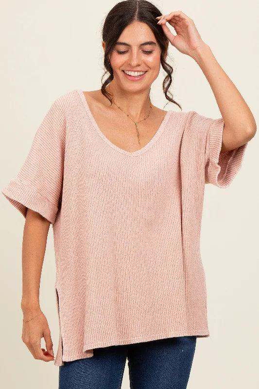 Mauve Waffle Knit V-Neck Top