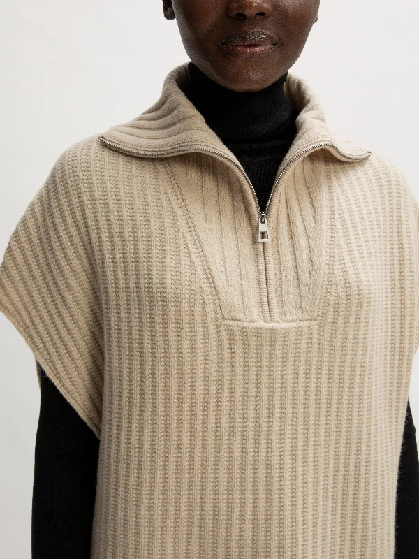 Merino Rib Zip Poncho | Cream