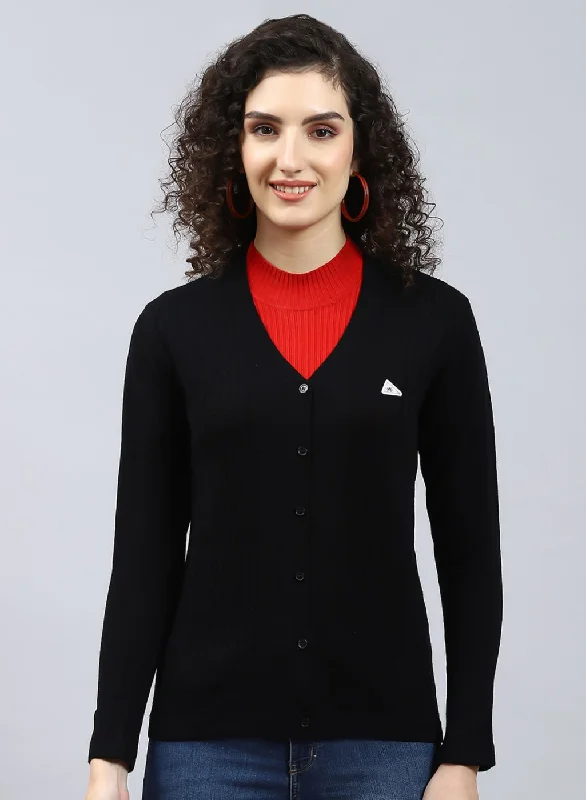 Women Black Self Design Wool blend Cardigan