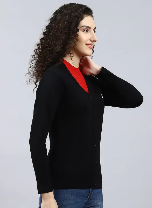 Women Black Self Design Wool blend Cardigan