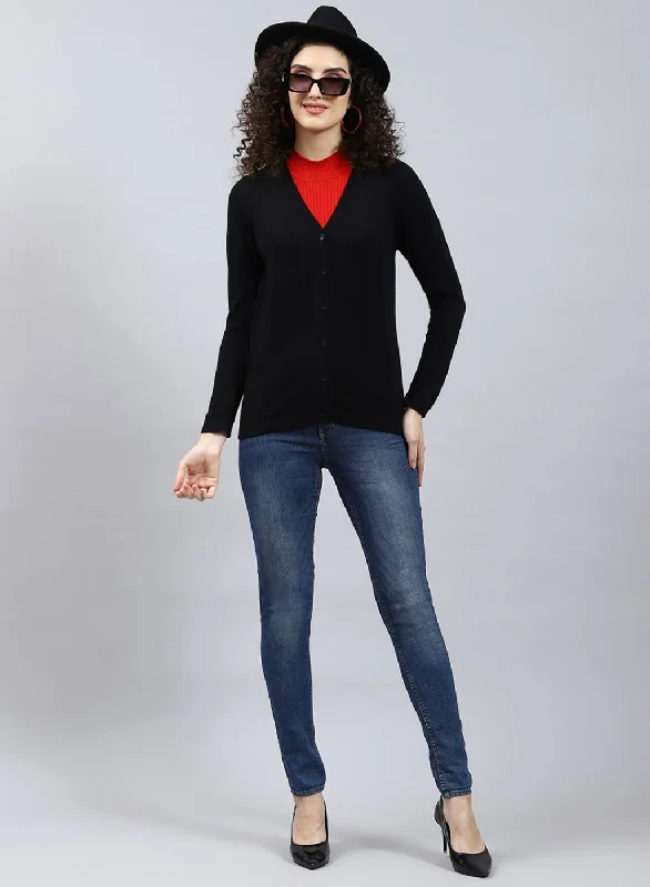 Women Black Solid Pure wool Cardigan