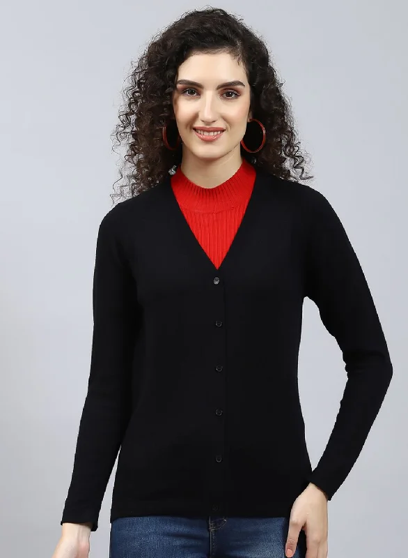 Women Black Solid Pure wool Cardigan