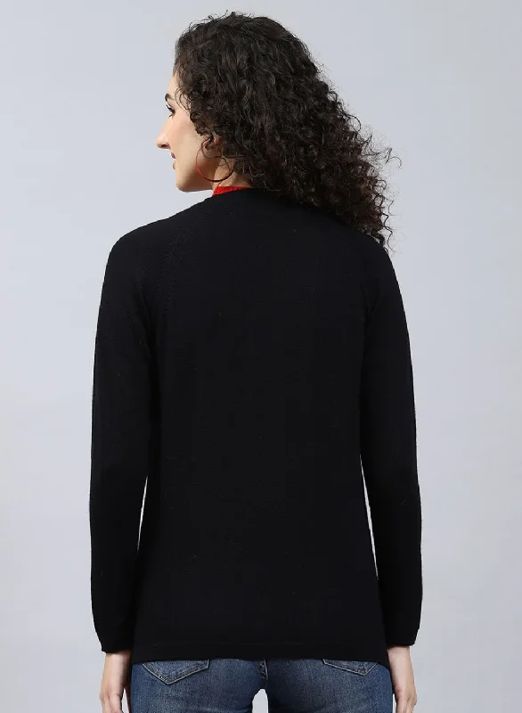 Women Black Solid Pure wool Cardigan