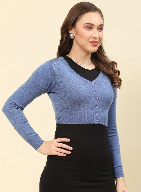 Women Blue Solid Blend wool Blouse