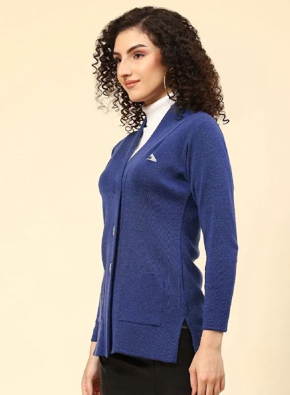 Women Blue Solid Pure wool Cardigan