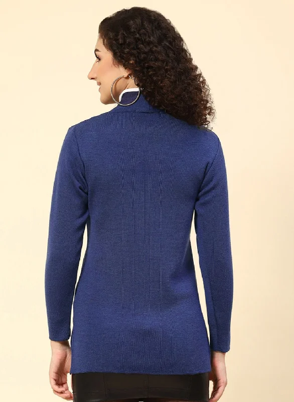 Women Blue Solid Pure wool Cardigan