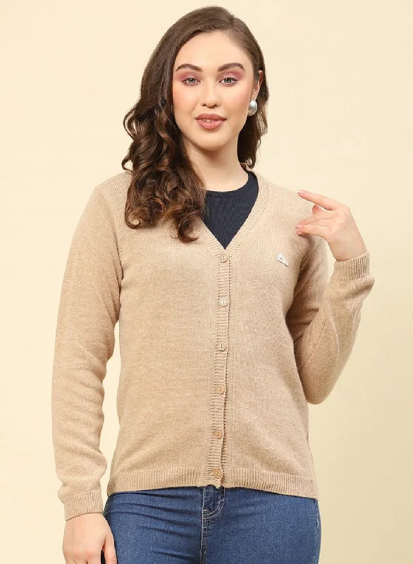 Women Camel Brown Solid Lamb wool Cardigan