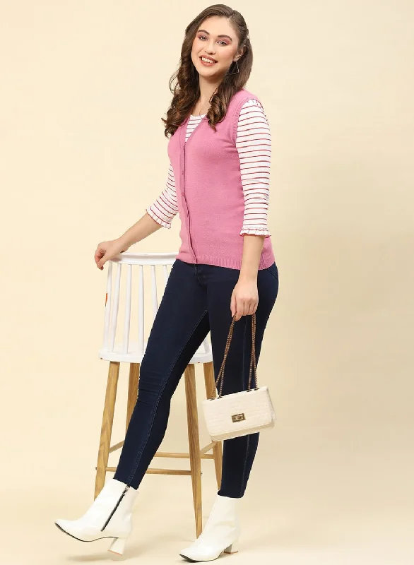 Women Pink Solid Modal Nylone Cardigan