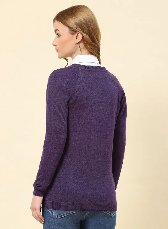 Women Purple Solid Blend wool Cardigan