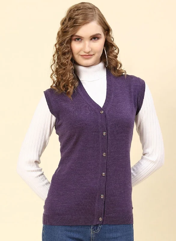 Women Purple Solid Wool blend Cardigan