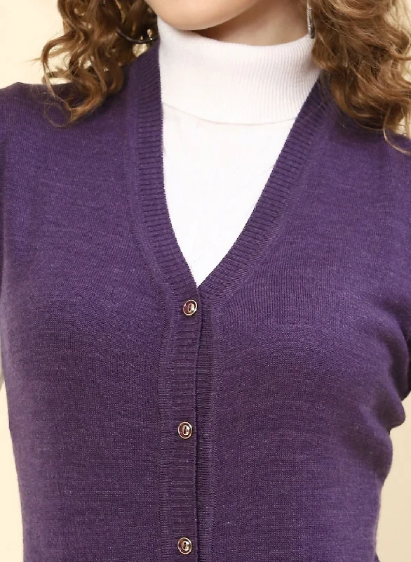 Women Purple Solid Wool blend Cardigan