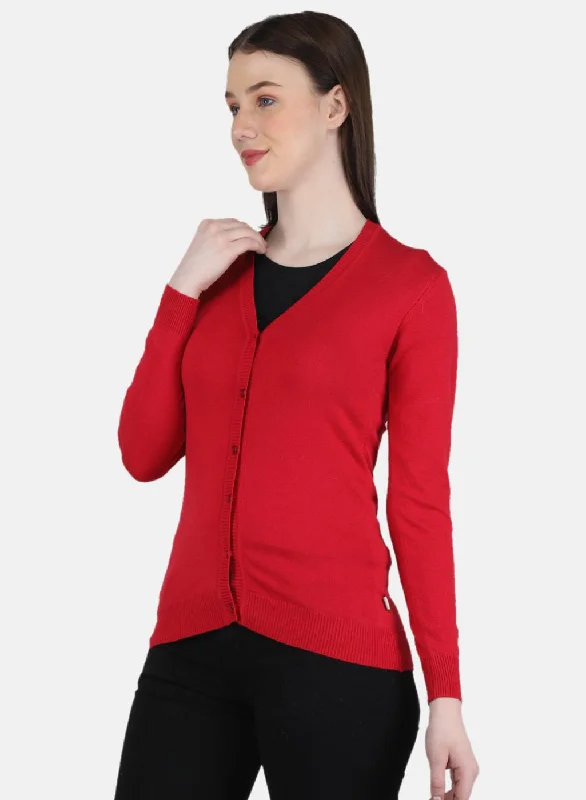 Women Red Self Design Cardigan