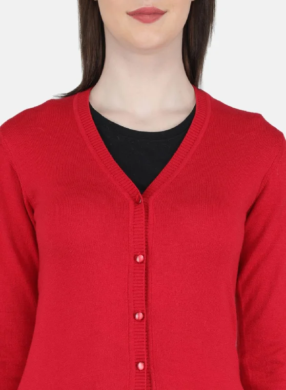 Women Red Self Design Cardigan