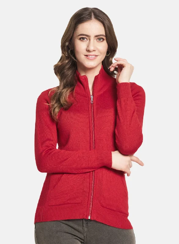 Women Red Solid Cardigan