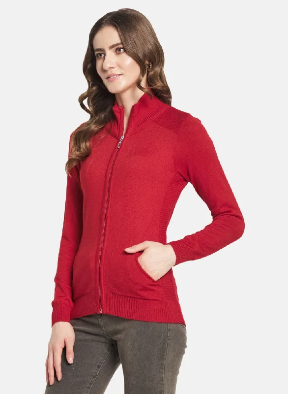 Women Red Solid Cardigan