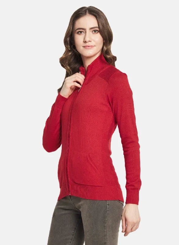 Women Red Solid Cardigan