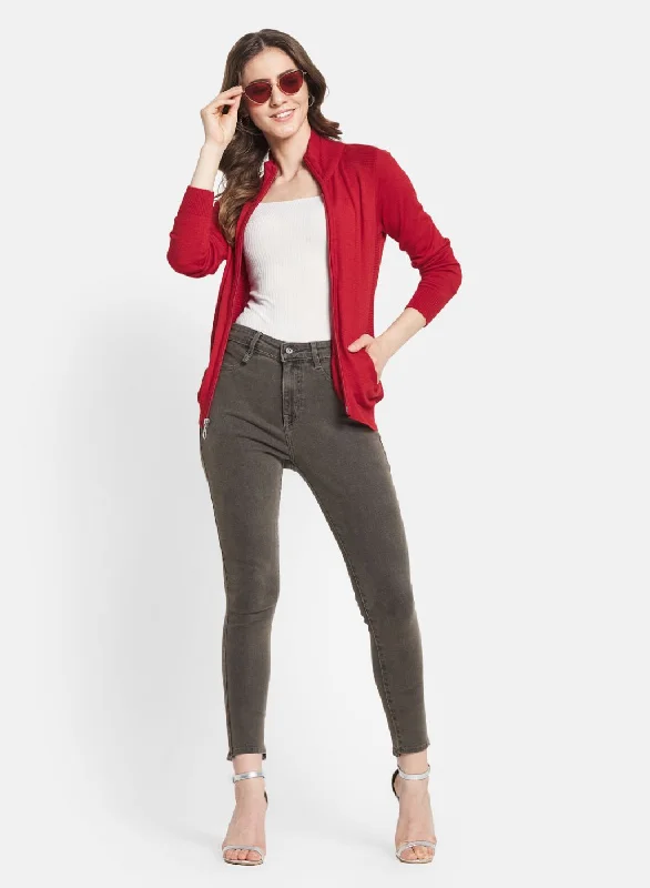 Women Red Solid Cardigan