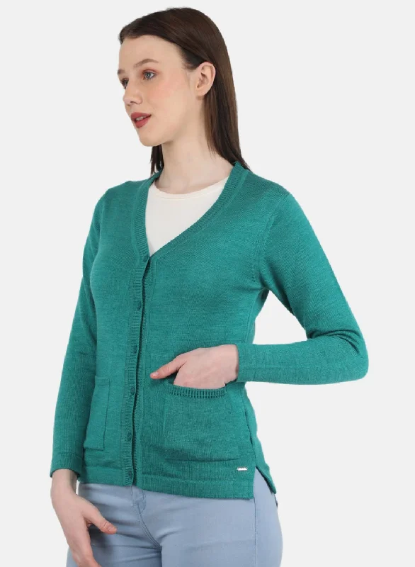 Women Sea Green Solid Cardigan